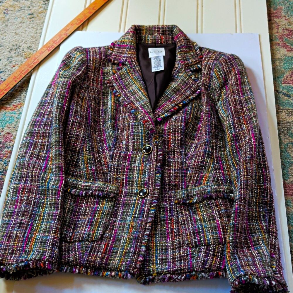 Kate Hill Multicolor Fringe Trim Lined Button Front Jacket Womens Size 4